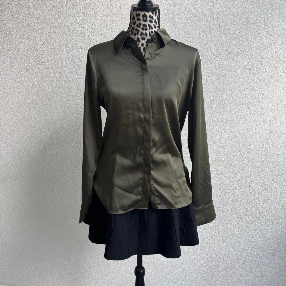 A New Day Olive Green Satin Button Up Blouse